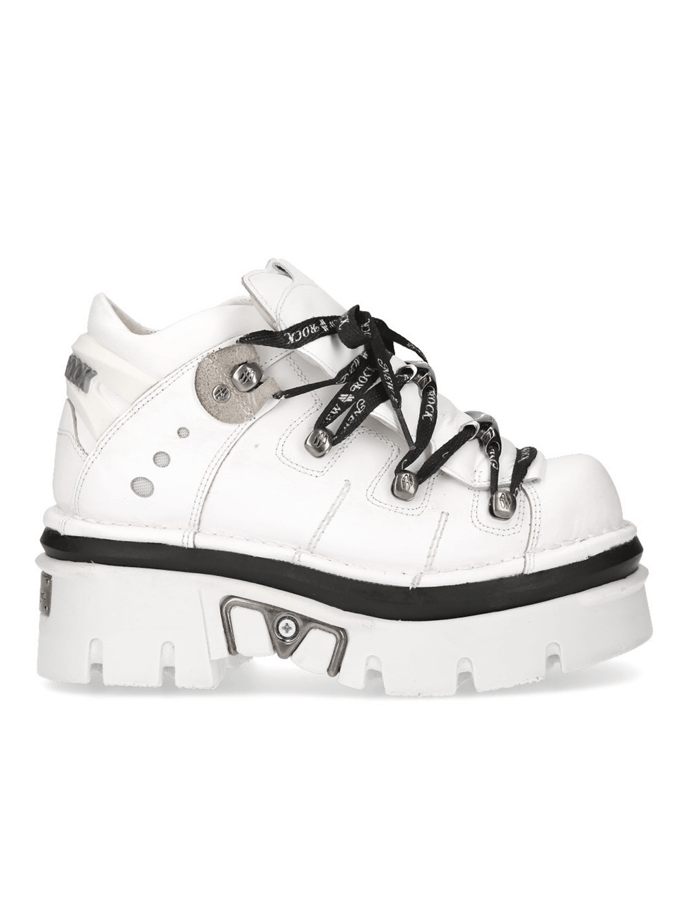 NEW ROCK Gothic Punk White Platform Sneakers with Bold Black Laces and Metallic Details.