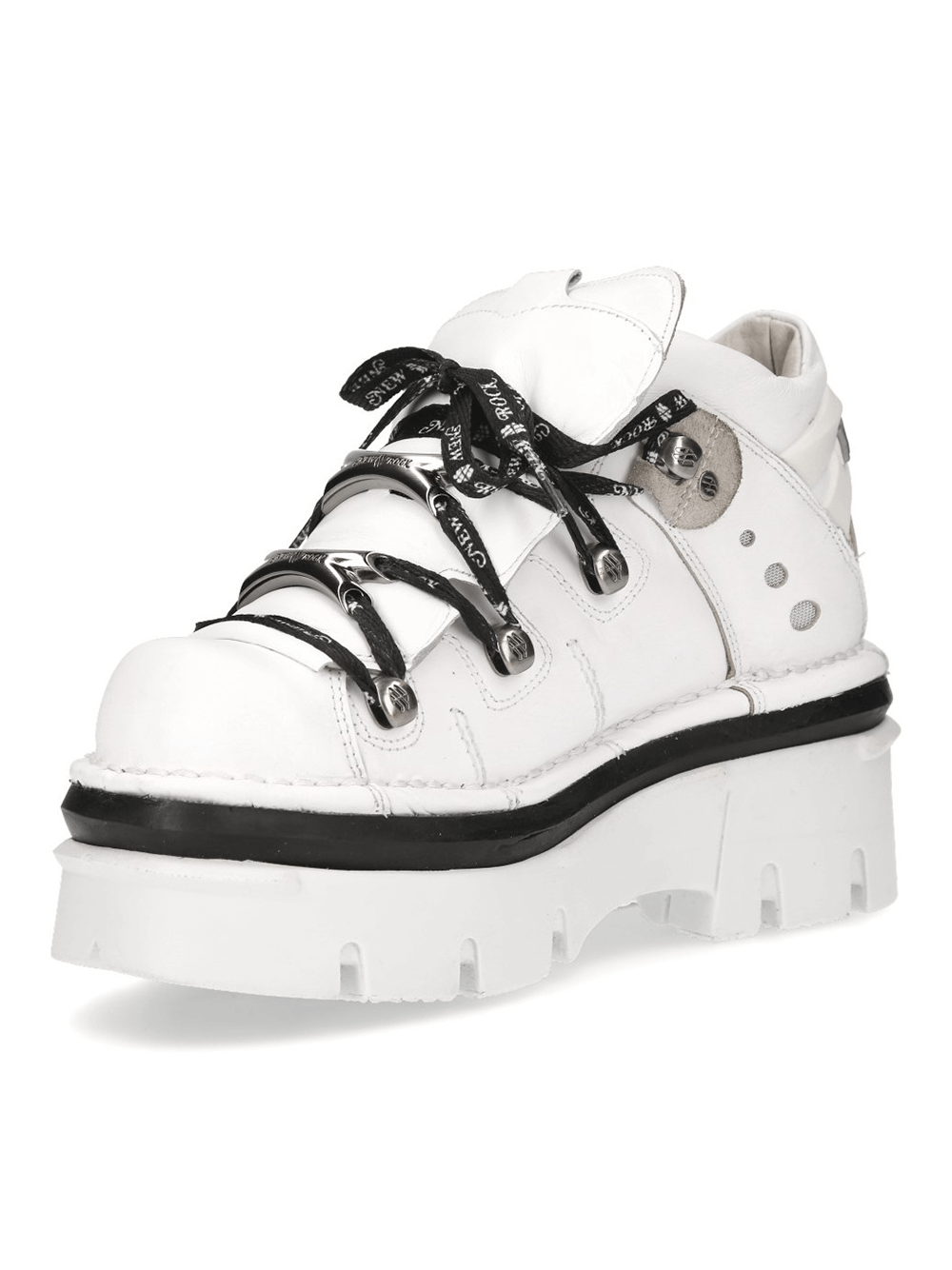 NEW ROCK Gothic Punk white platform sneakers with black laces, metallic details, and stylish edgy design.