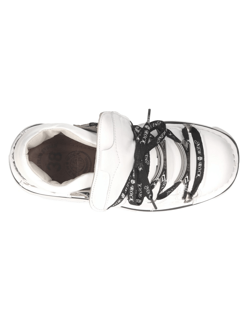 Top view of NEW ROCK Gothic Punk white platform sneakers with stylish black laces and metallic details.