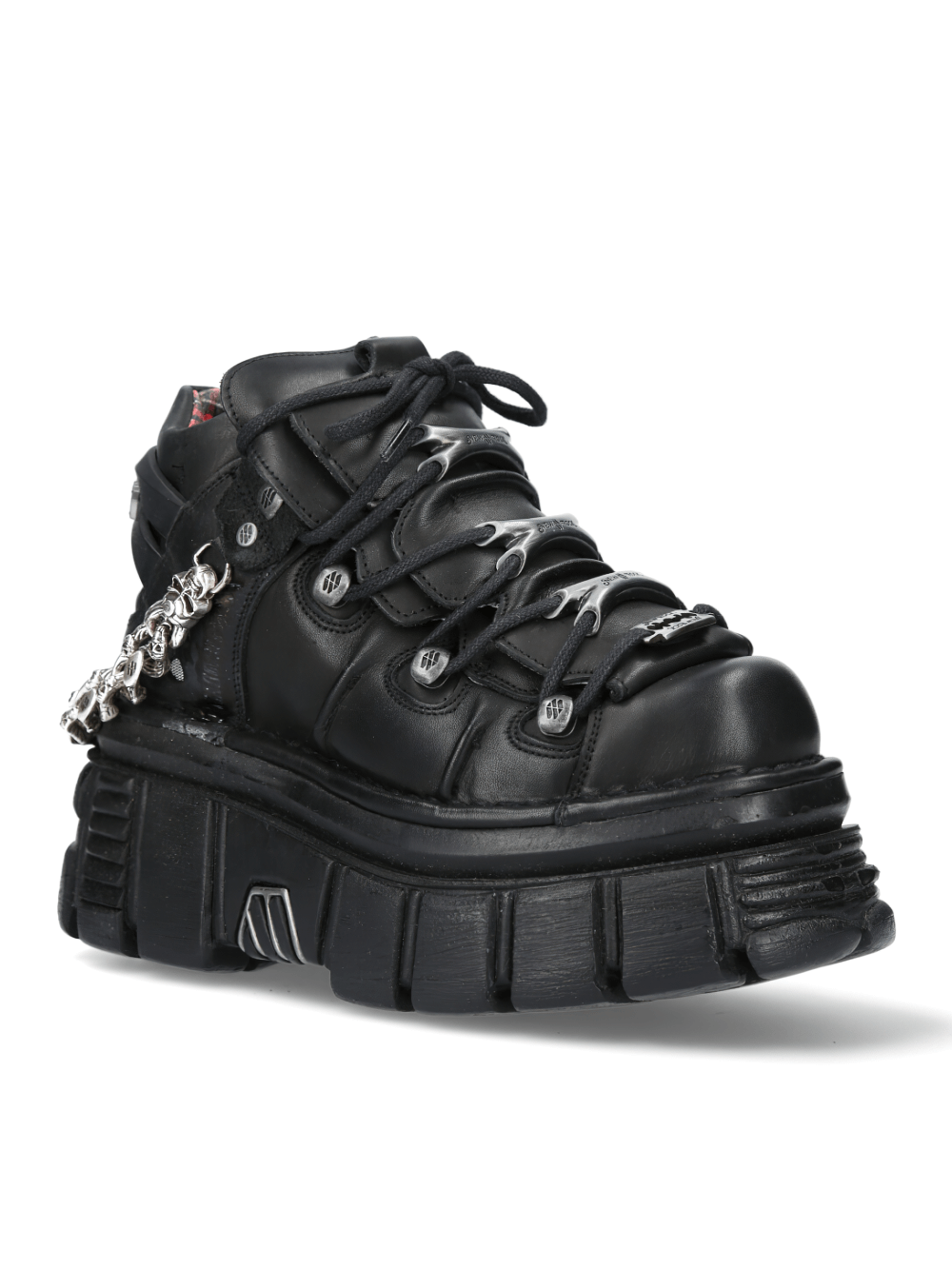 NEW ROCK Black Metallic Gothic Punk Ankle Boot with Chains, stylish and edgy footwear for rock enthusiasts.