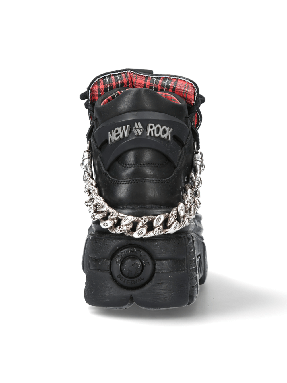 Back view of NEW ROCK Gothic Punk Ankle Boots with chains, featuring black leather and a plaid lining.