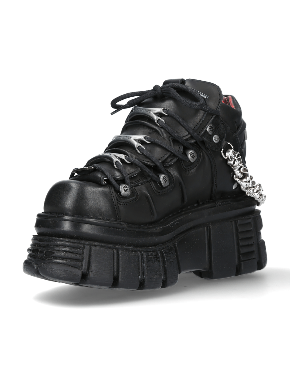 Black Gothic Punk Ankle Boot with Metallic Accents and Chains from New Rock's Metallic Collection.