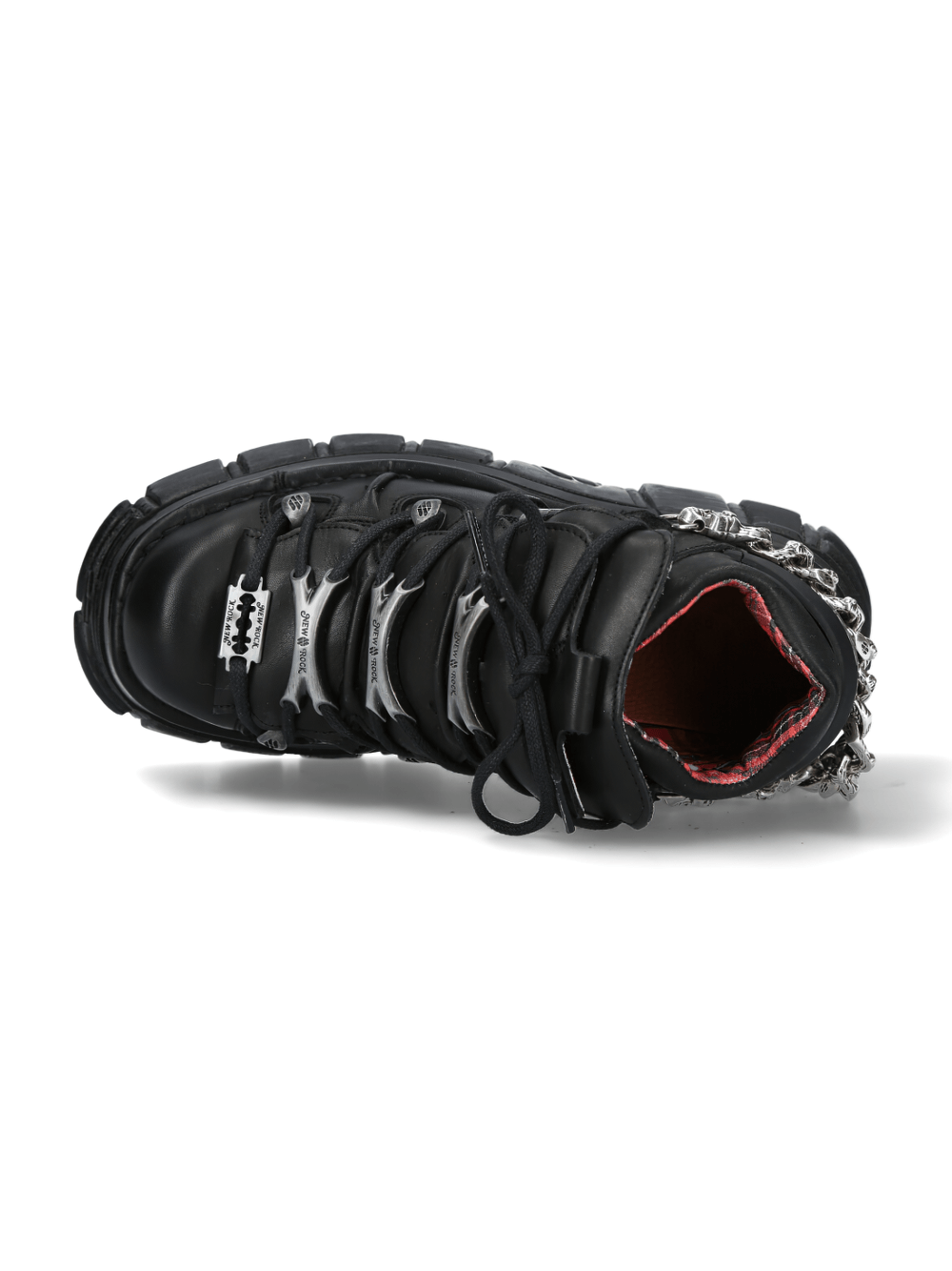 Top view of NEW ROCK Men's Gothic Punk Ankle Boots with chains and metallic accents, showcasing rugged style and design.