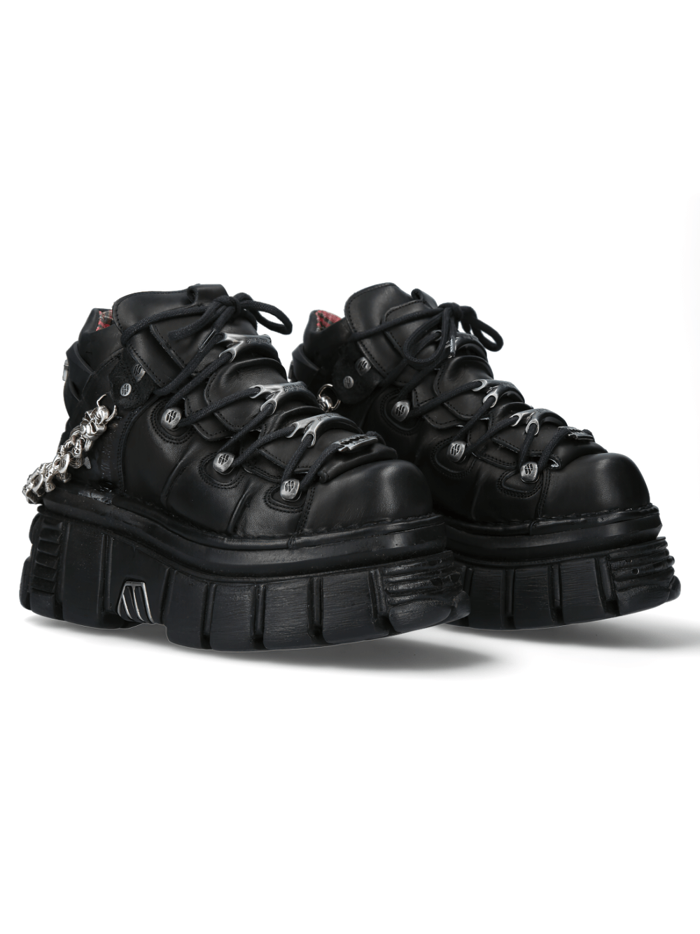 NEW ROCK Men's Gothic Punk Ankle Boots in black with metallic accents and chain details, embodying edgy rock style.