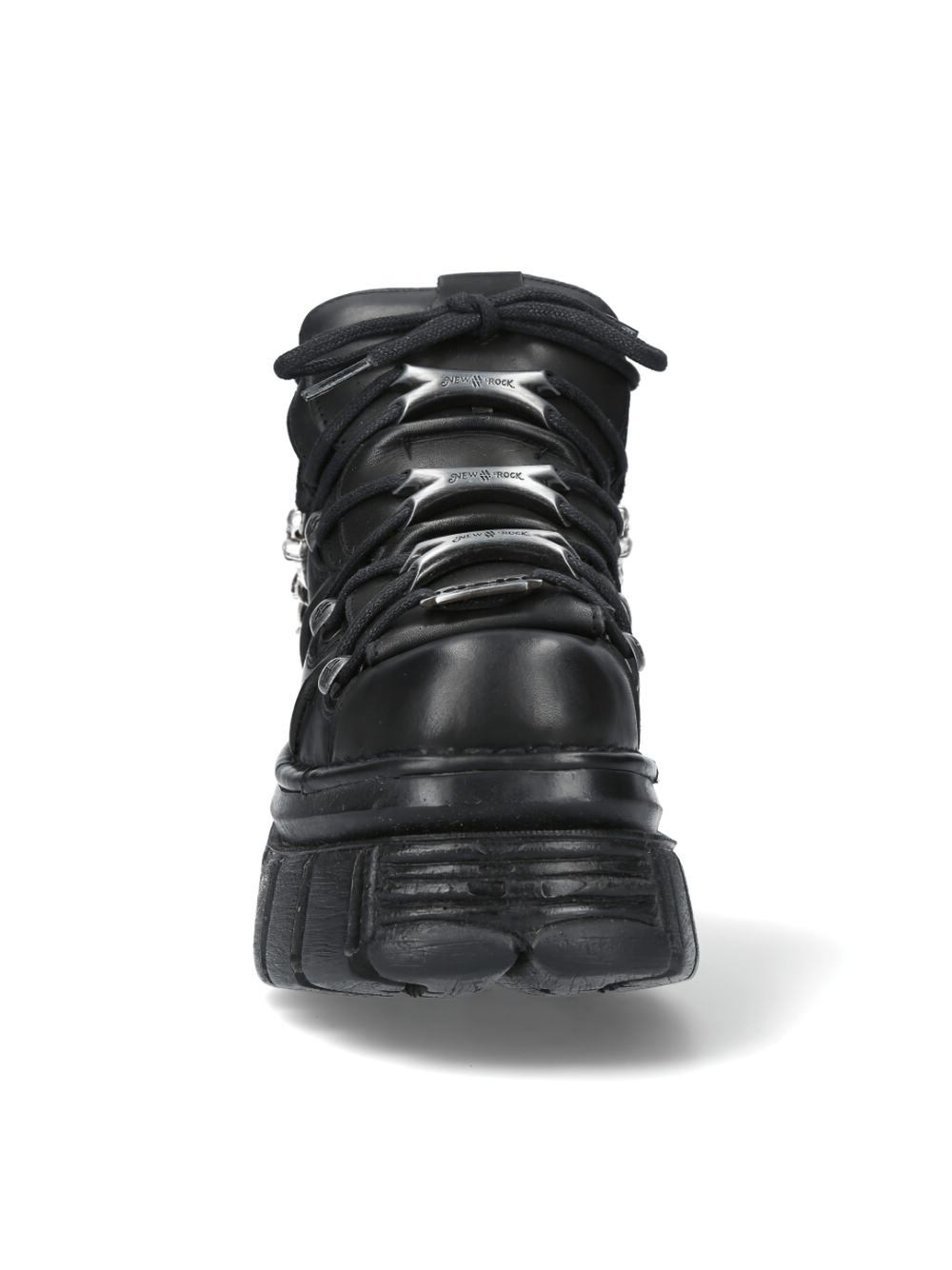 Front view of NEW ROCK Men's Gothic Punk Rock Ankle Boots with metallic accents and lace-up design.