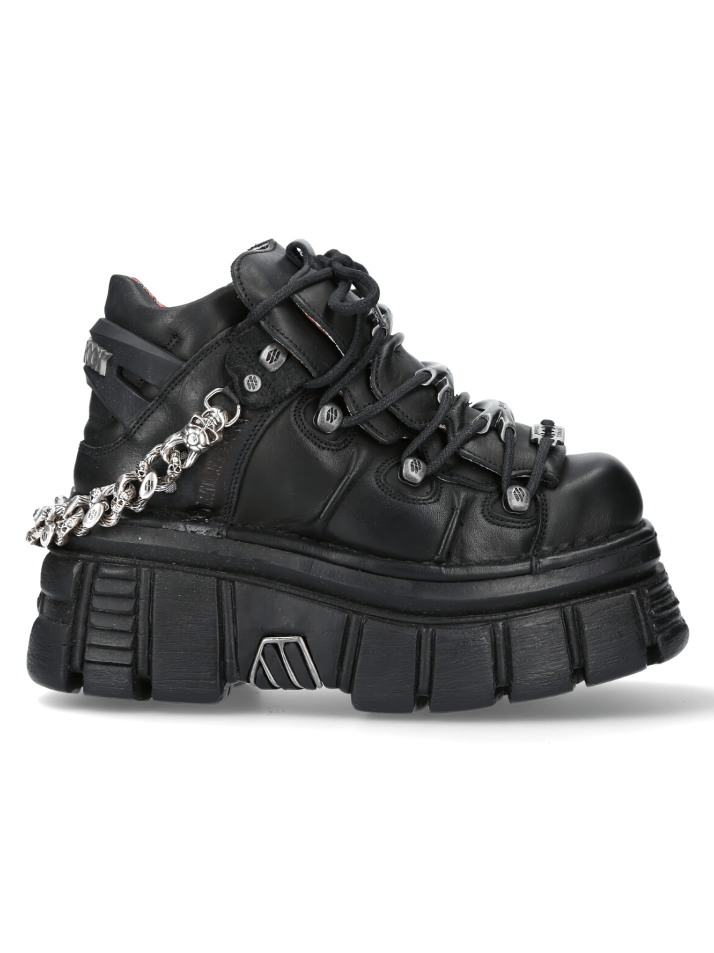 NEW ROCK gothic punk ankle boots with chains, black leather, metallic accents, edgy style for rock lovers.