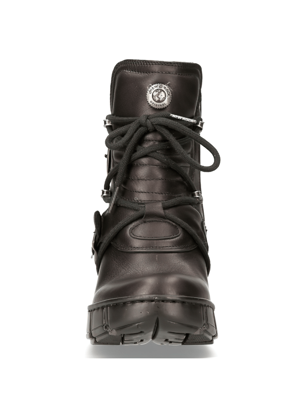 NEW ROCK Gothic black ankle boots with metallic buckle detail and lace-up design, perfect for an edgy urban look.