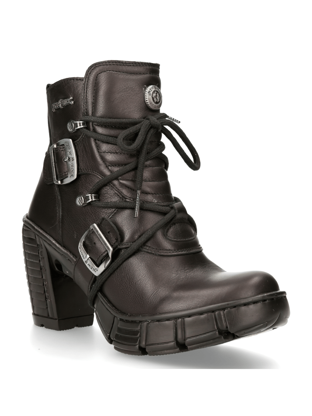 NEW ROCK Gothic Rock Ankle Boots in black with metallic buckle, lace, and zip design for an edgy urban look.
