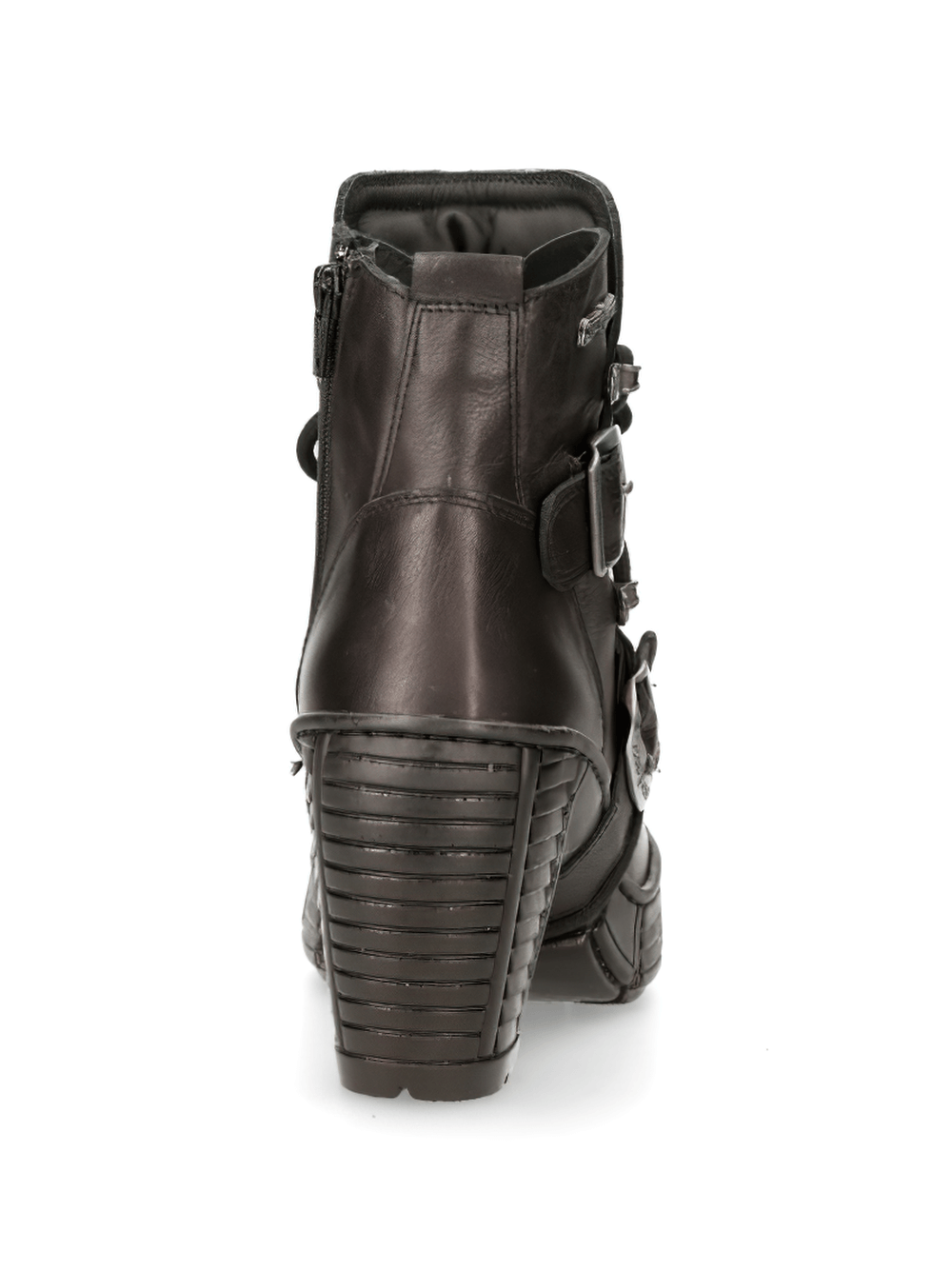 Back view of NEW ROCK Gothic Rock Ankle Boots showcasing metallic buckles and zip design on urban black booties.