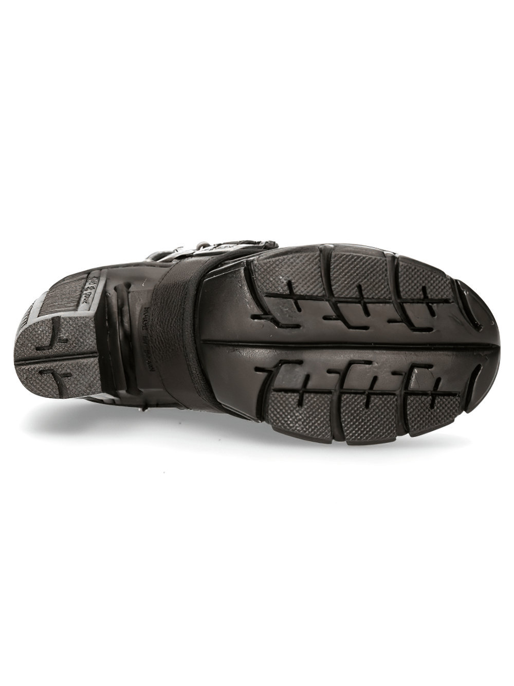 Bottom view of NEW ROCK Gothic Rock Ankle Boots showcasing durable grip sole and metallic buckle detail.