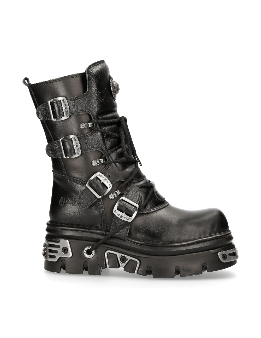 NEW ROCK Men's Gothic Buckled Lace-Up Black Mid-Calf Boots with Durable Cow Leather and Rocker Vibe.