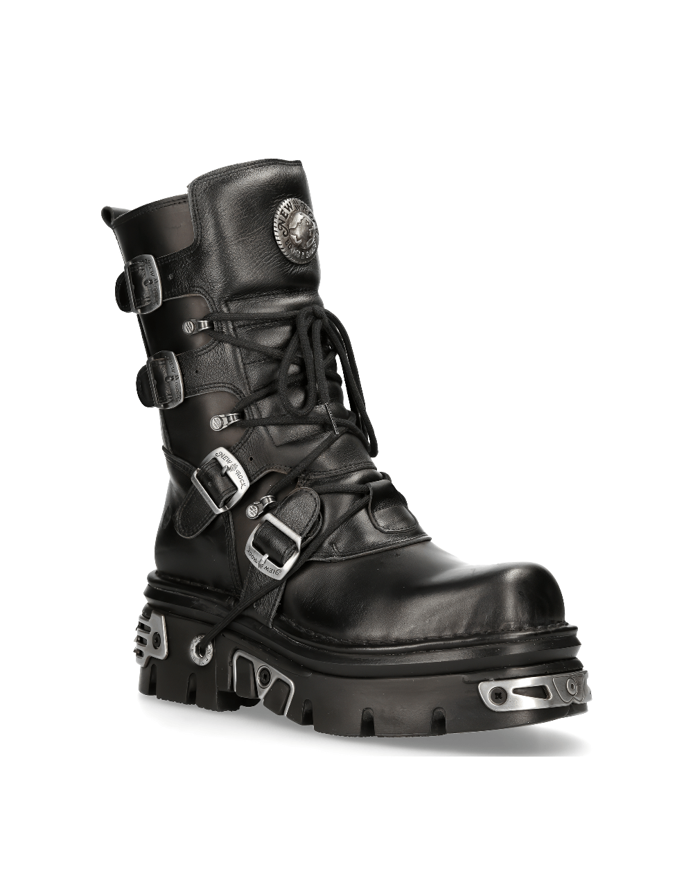 NEW ROCK Men's Gothic Buckled Lace-Up Black Boots with striking metal accents and a bold rocker design.