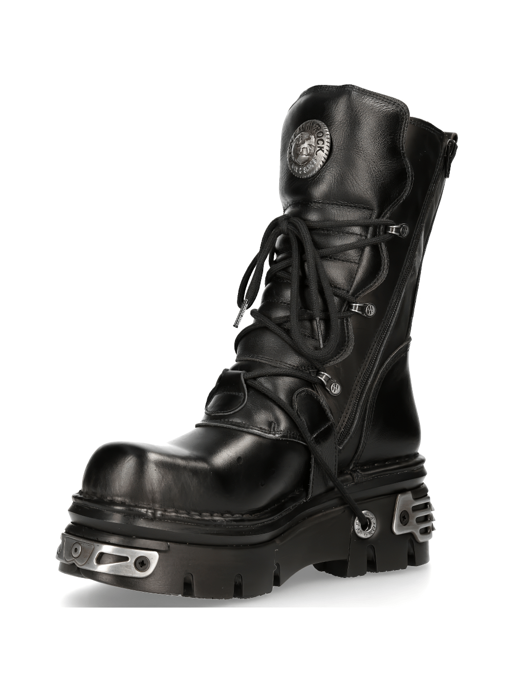 Stylish black mid-calf Gothic rocker boots with buckles and lace-up design, featuring durable leather and a unique platform.