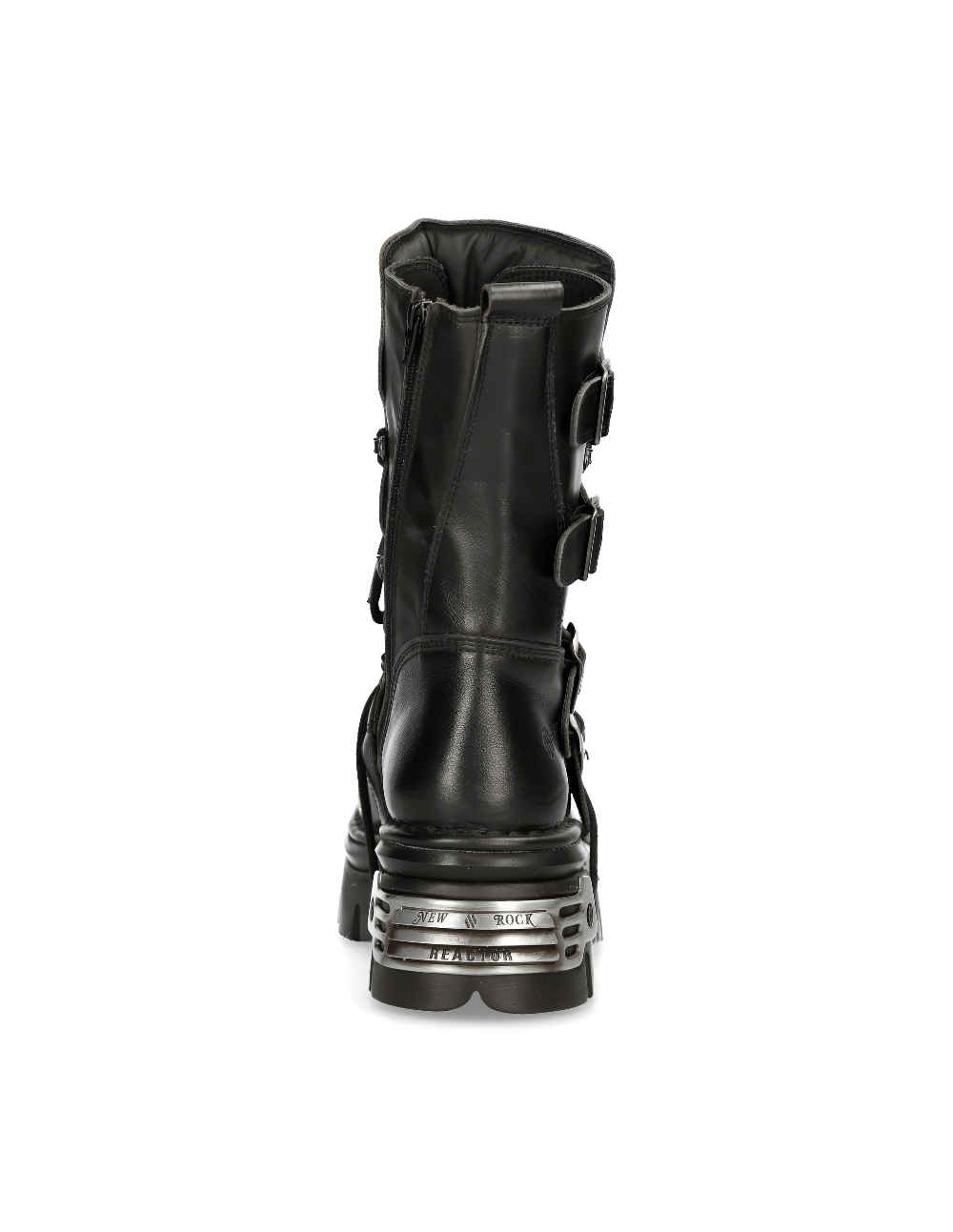 Back view of NEW ROCK men's black gothic ankle boots with buckles and shiny metal plate details.