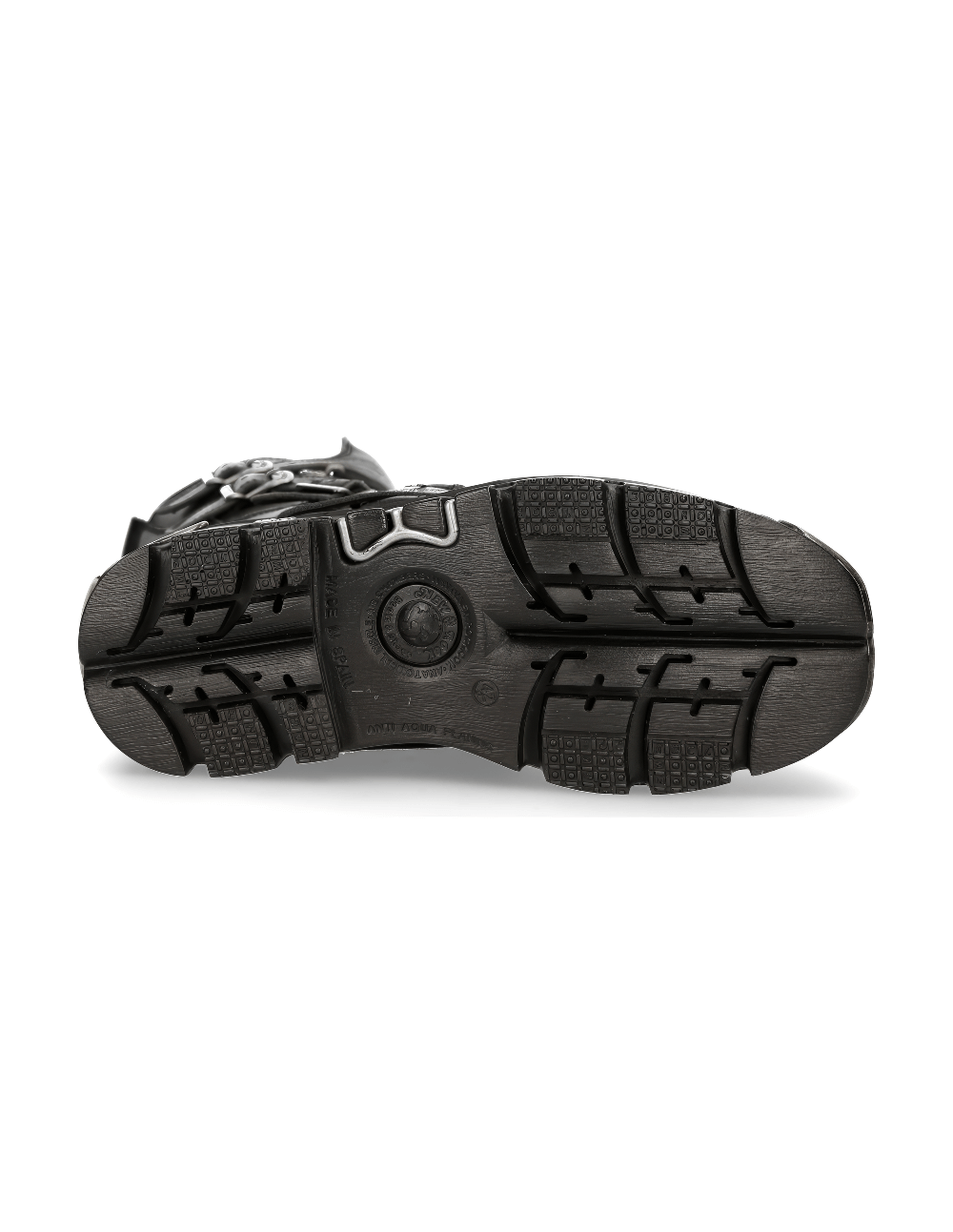Sole of NEW ROCK Men's Gothic Rocker Buckled Lace-Up Black Boots showcasing durability and traction.