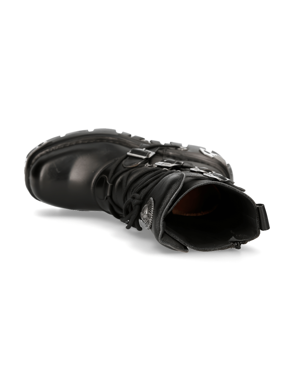 Top view of stylish Men's Gothic Rocker black mid-calf lace-up boots with buckles, showcasing their unique design.