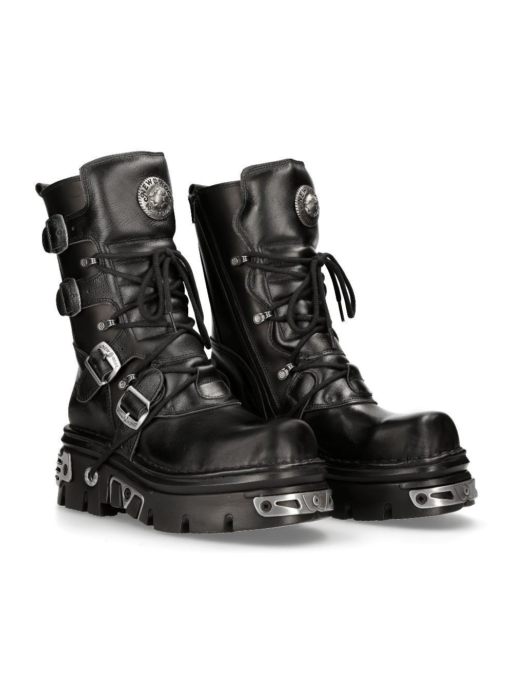 NEW ROCK Men's Gothic Rocker Buckled Lace-Up Black Boots with metal plates and pigskin inner lining.