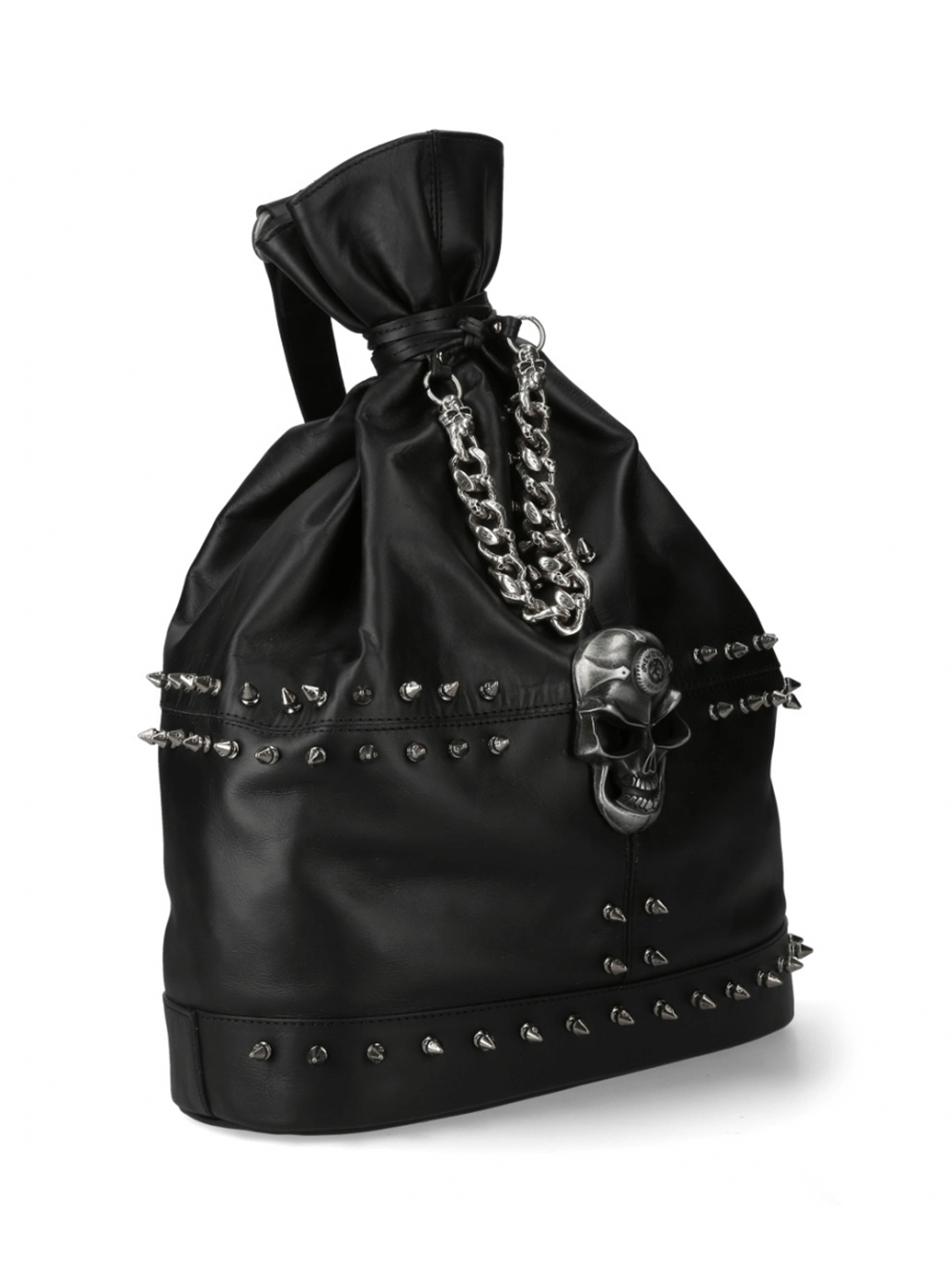 NEW ROCK Gothic Skull Chain Backpack with spiked details and drawstring closure, perfect for punk rock fashion.