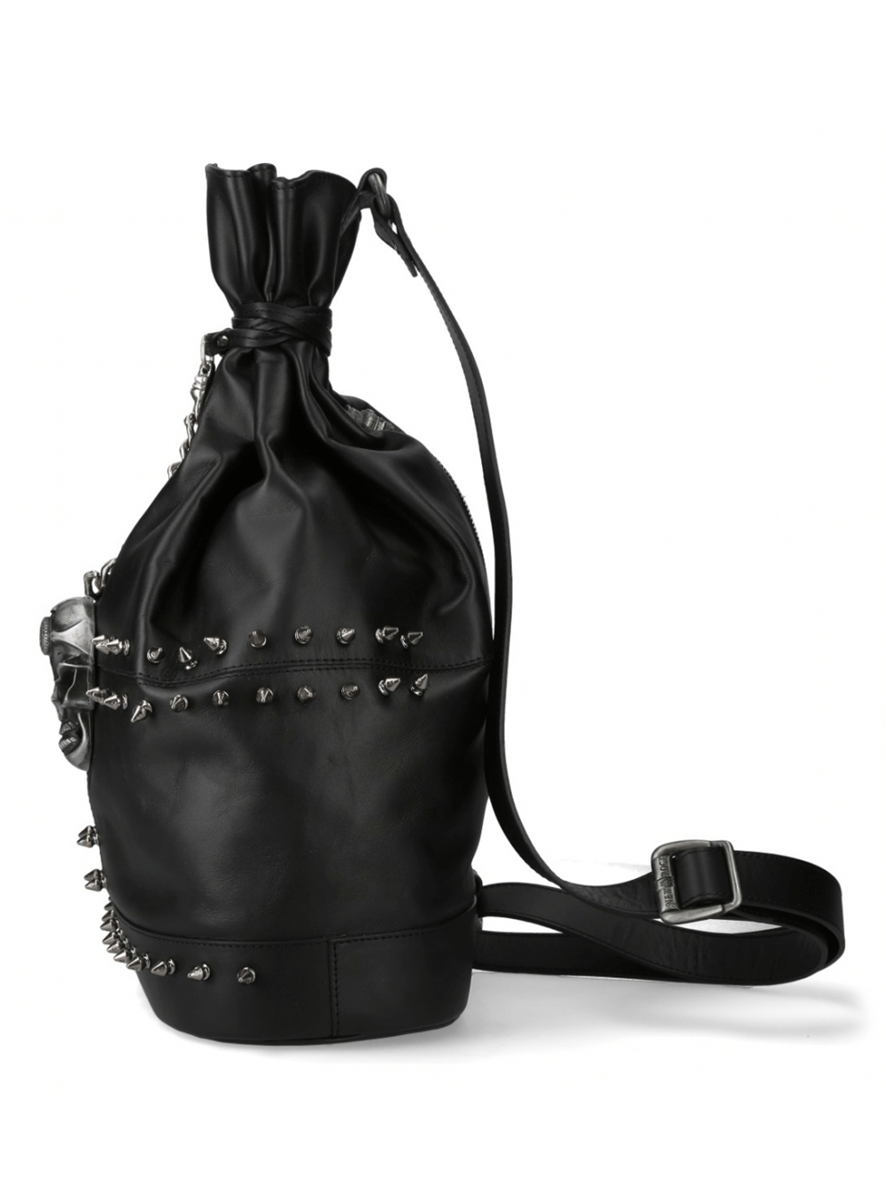 NEW ROCK gothic skull chain backpack with studded accents and drawstring closure, perfect for punk rock fashion lovers.