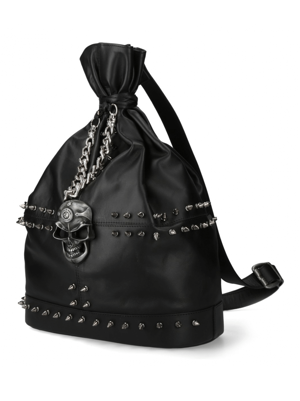 NEW ROCK Gothic Skull Chain Backpack with spiked details and drawstring closure for edgy punk rock style.