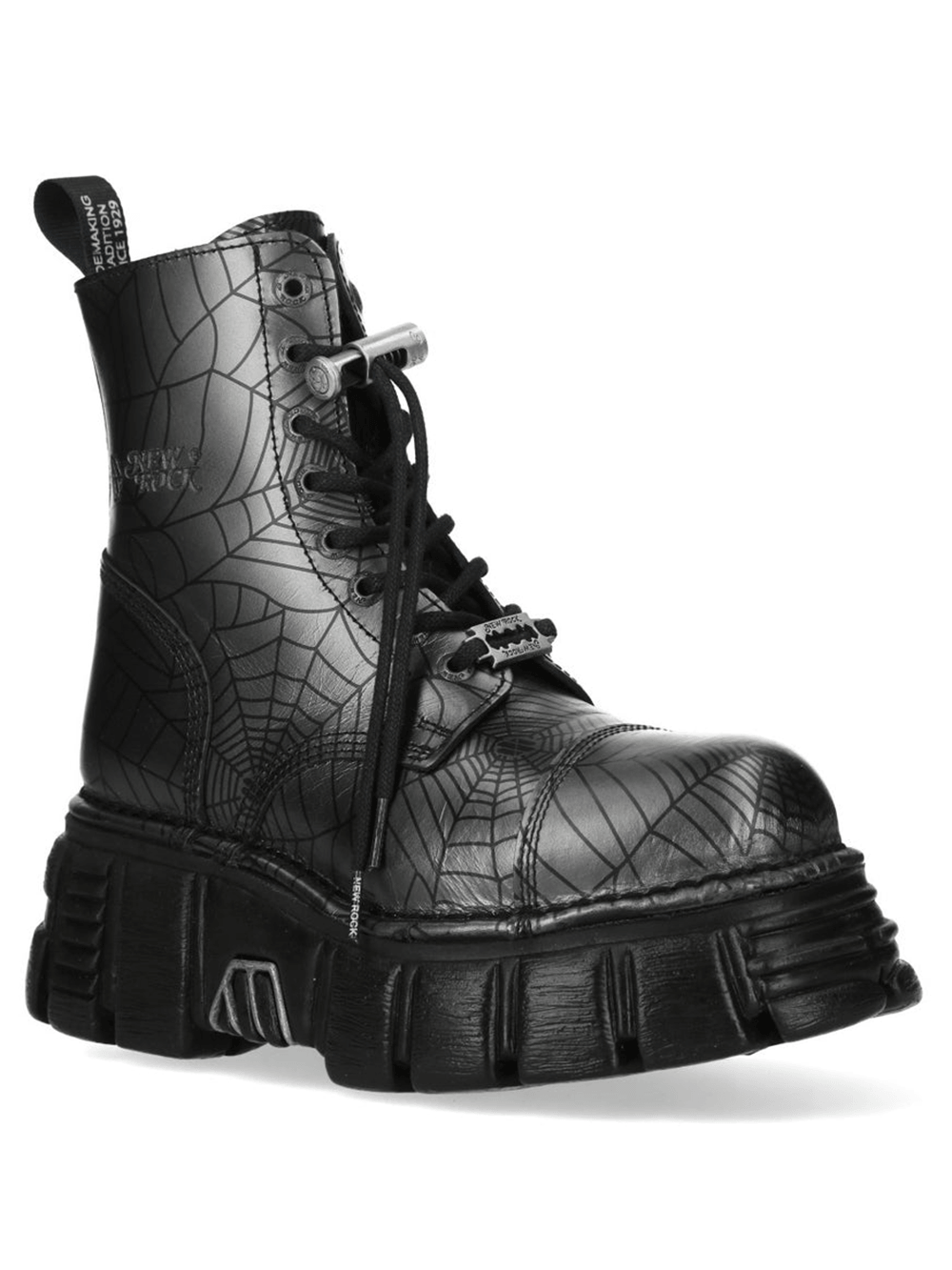 NEW ROCK Gothic Spider Web Platform Ankle Boots for Women featuring a bold spider web design and chunky sole.