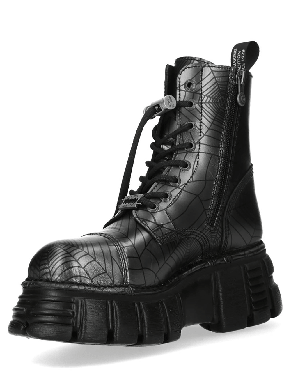 NEW ROCK Gothic Spider Web Platform Ankle Boots for Women featuring a bold spider web pattern and chunky sole.