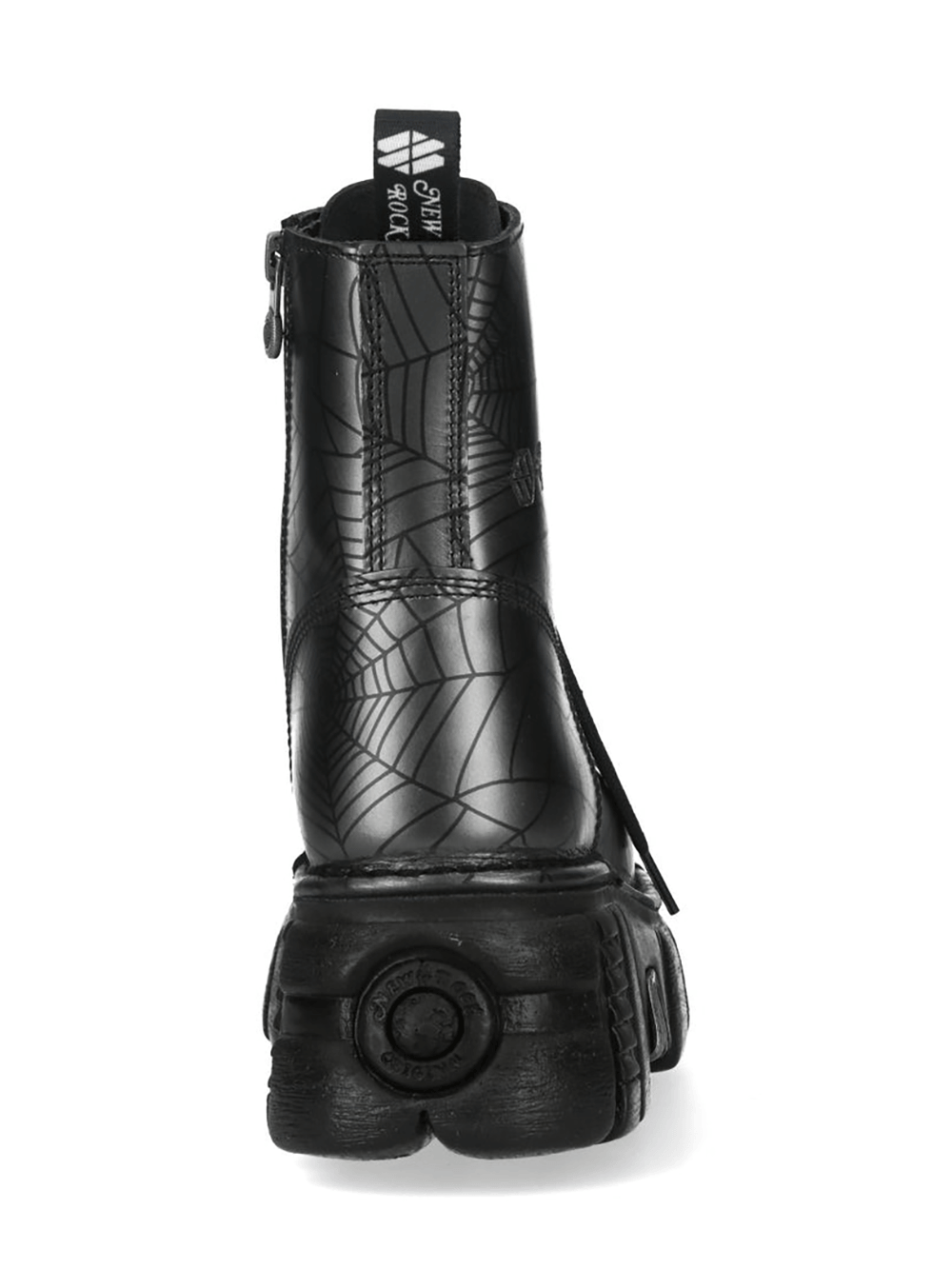 NEW ROCK Gothic Spider Web Platform Ankle Boots for Women back view showcasing the unique spider web design.