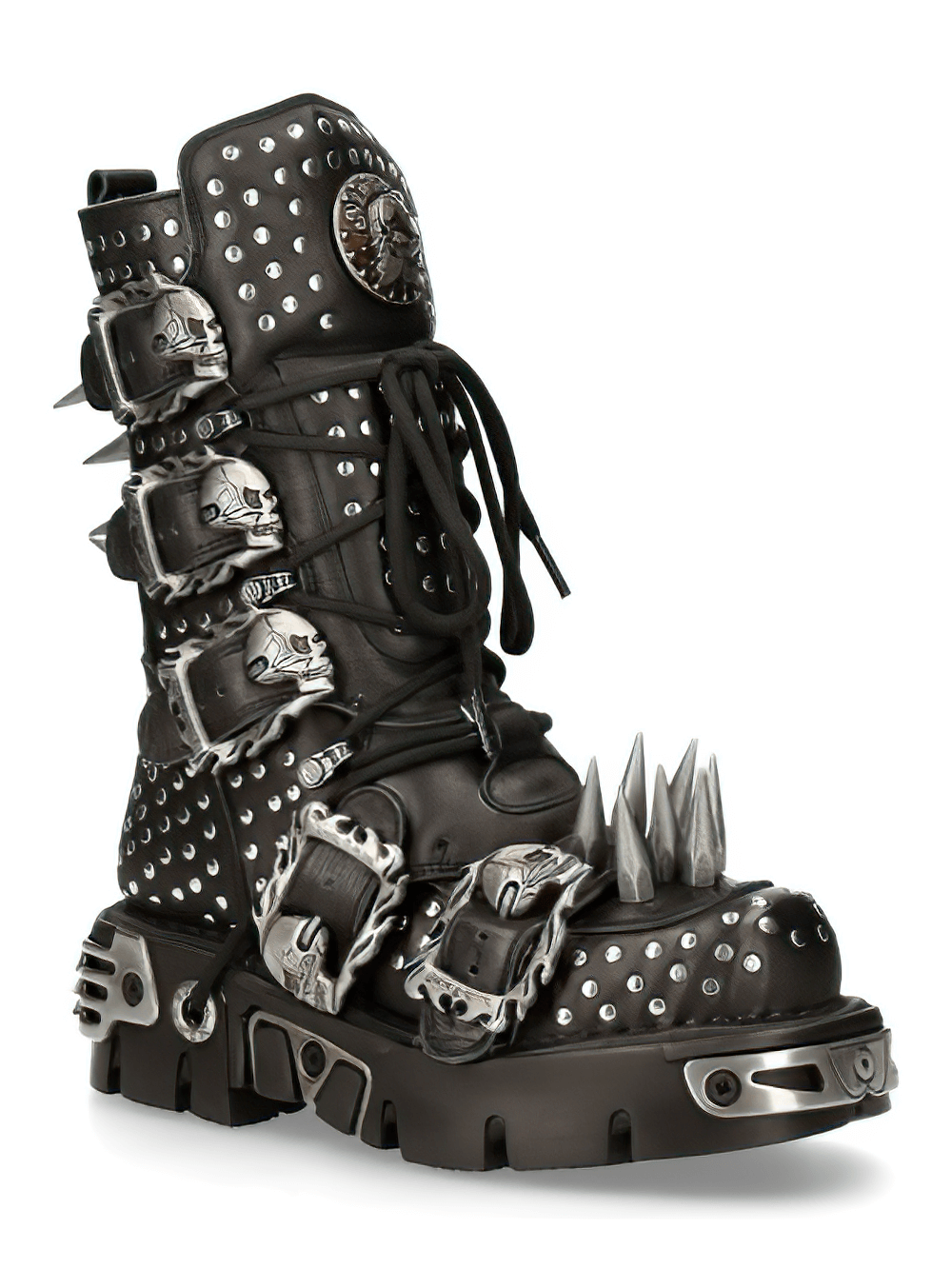 NEW ROCK Gothic Spiked Combat Boot with Skull Buckles, heavy metal studded punk style.