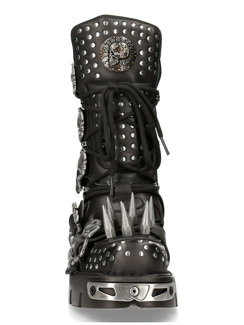 NEW ROCK Gothic spiked combat boots with skull buckles and metallic studs, perfect for punk and heavy metal fashion enthusiasts.