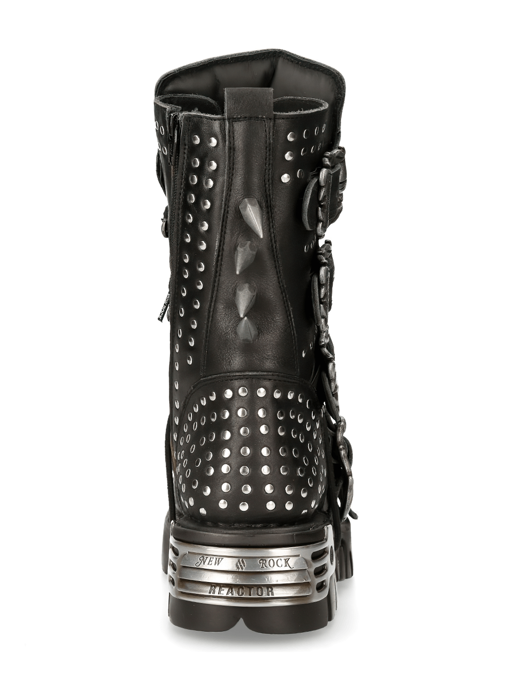 Back view of NEW ROCK gothic spiked combat boots showcasing metal spikes and studded detailing.