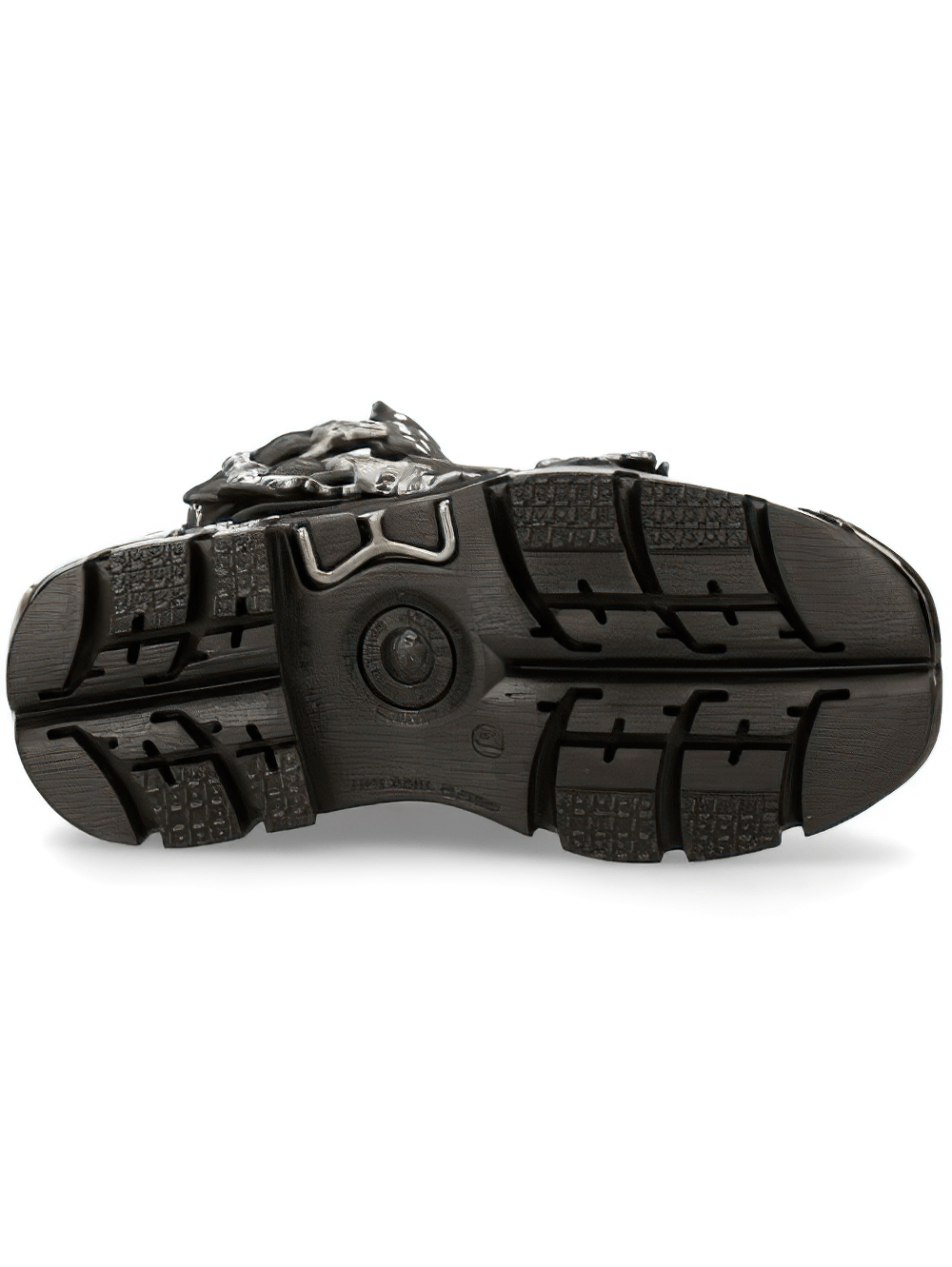 Sole view of NEW ROCK Gothic Spiked Combat Boots showcasing rugged tread and studded detailing.