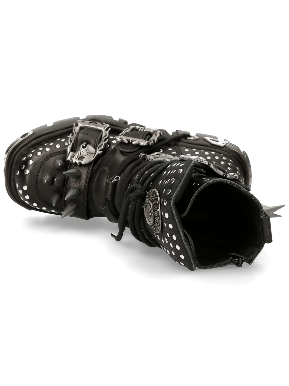 NEW ROCK Gothic combat boot with spikes, skull buckles, and studded details from the Metallic Collection.