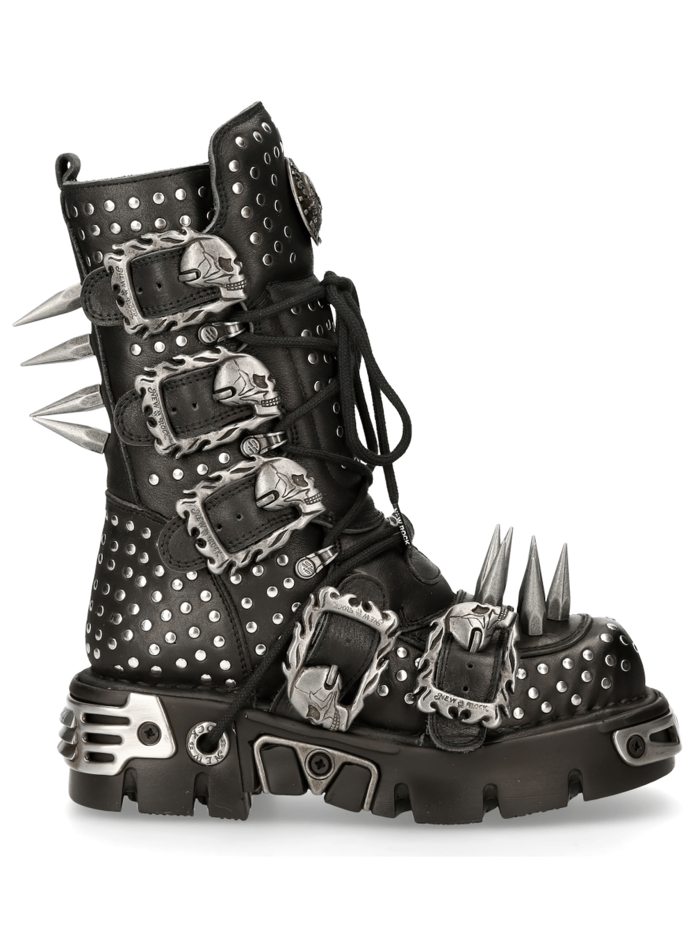 NEW ROCK Gothic spiked combat boots with skull buckles and studded detailing, perfect for punk and heavy metal styles.