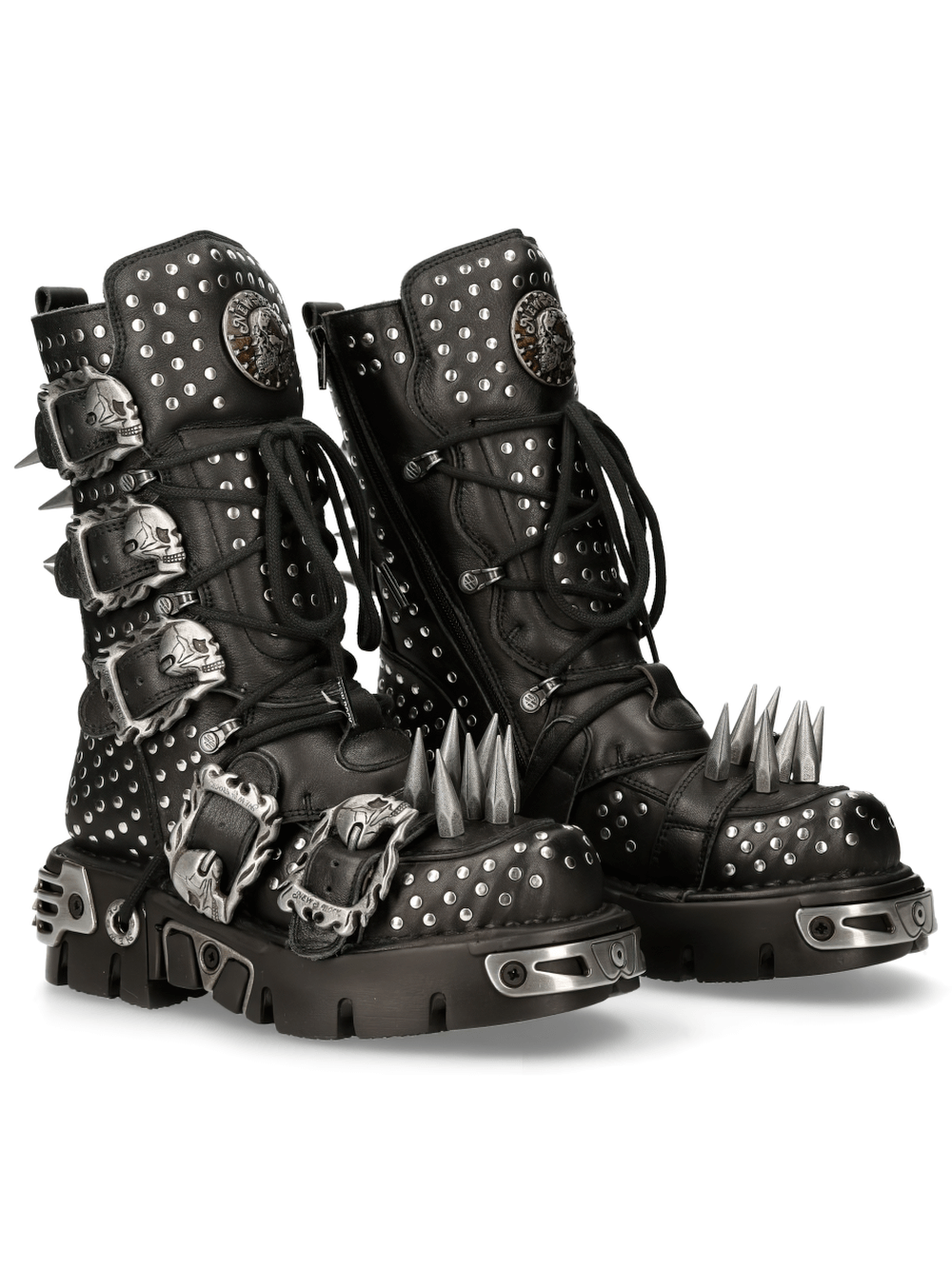 NEW ROCK Gothic spiked combat boots with skull buckles and studded detailing, perfect for punk style enthusiasts.