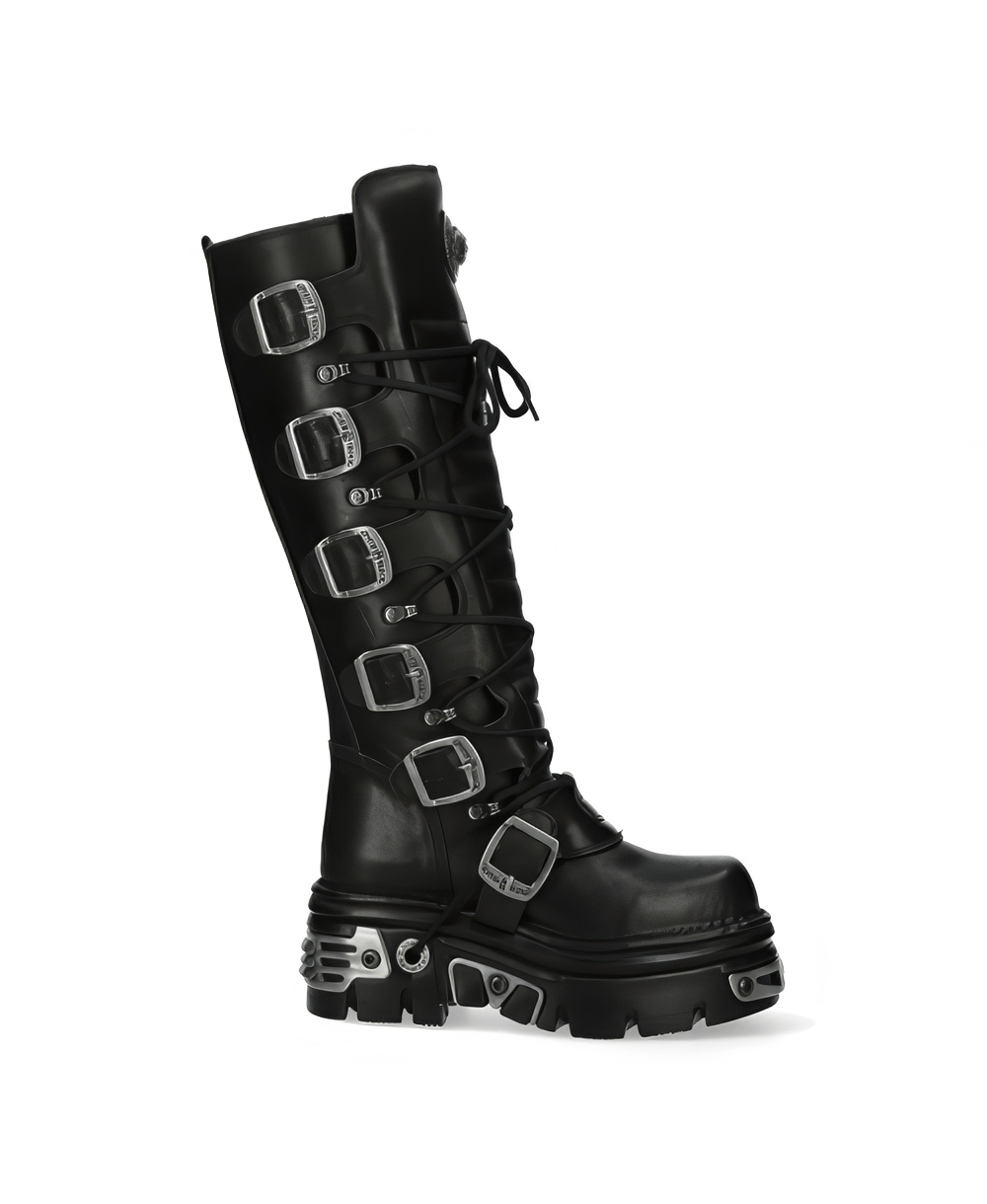 Men's Gothic black leather high boots with metallic buckle details and robust lacing, perfect for punk style enthusiasts.