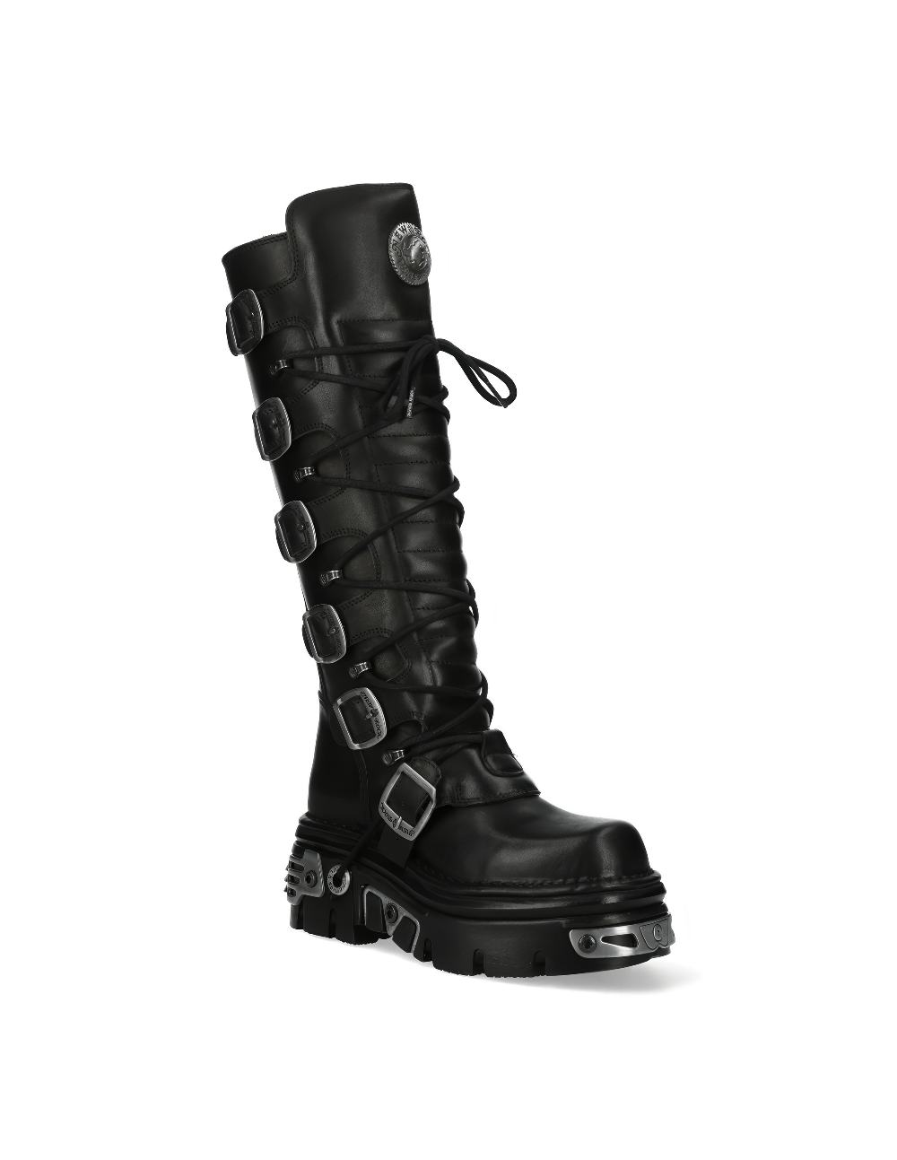 NEW ROCK men's gothic black leather high boots with metallic details and unique buckle accents.