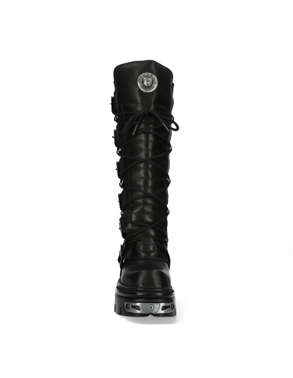 NEW ROCK men's black gothic leather boots with metallic logo and robust lacing, perfect for punk style lovers.