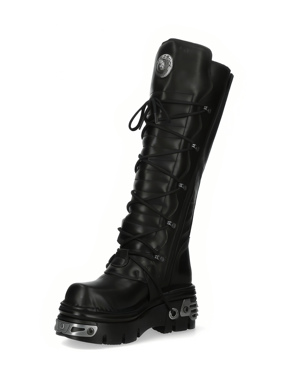 NEW ROCK Men's Gothic Black Leather High Boots featuring metallic logo and unique buckle details.