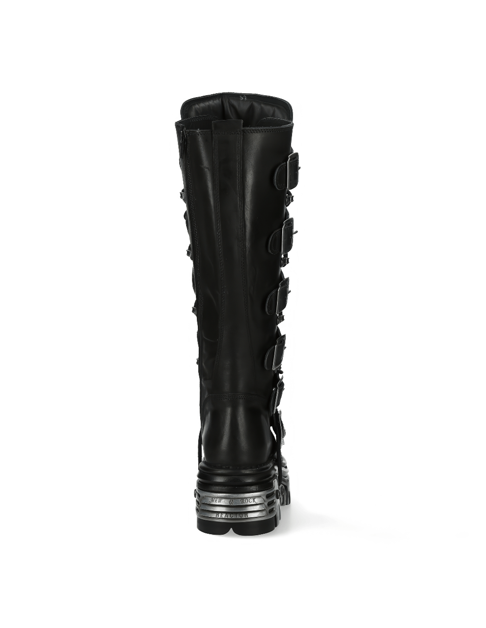 Back view of NEW ROCK black leather gothic boots with metallic logo and buckle details.