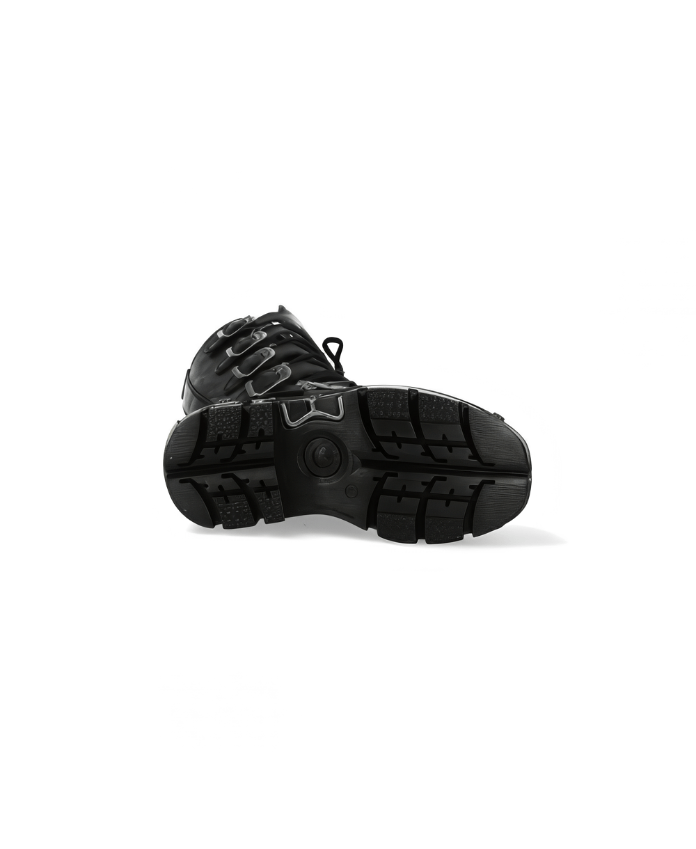 Men's Gothic black leather boots with metal logo, showcasing robust lacing and treaded sole.