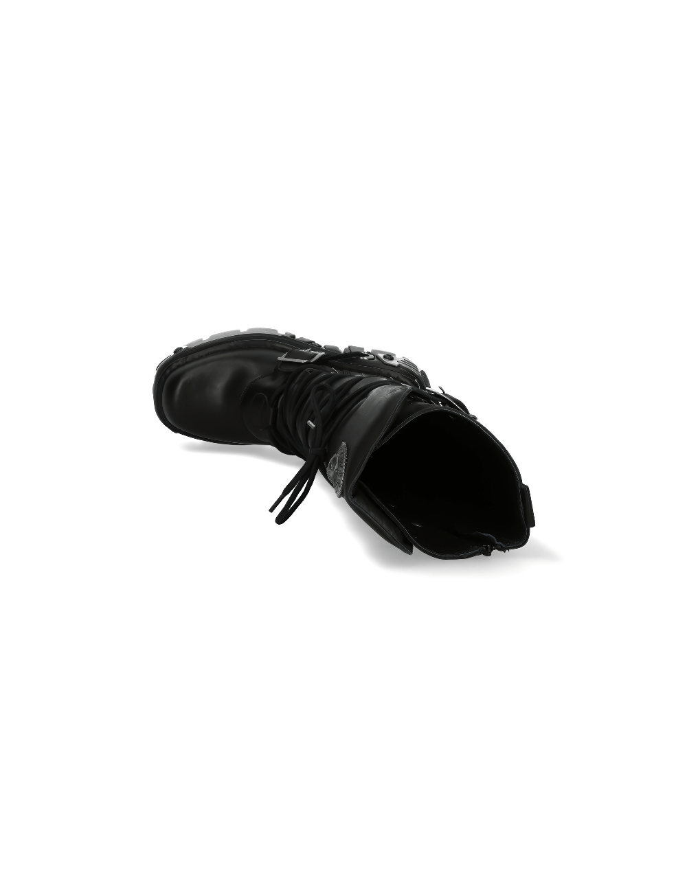 NEW ROCK men's black leather gothic boots with metallic accents and unique buckle detail, showcasing punk style.