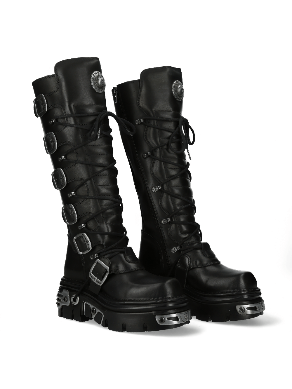Gothic style black leather high boots with metallic accents and buckle details, perfect for punk fashion.
