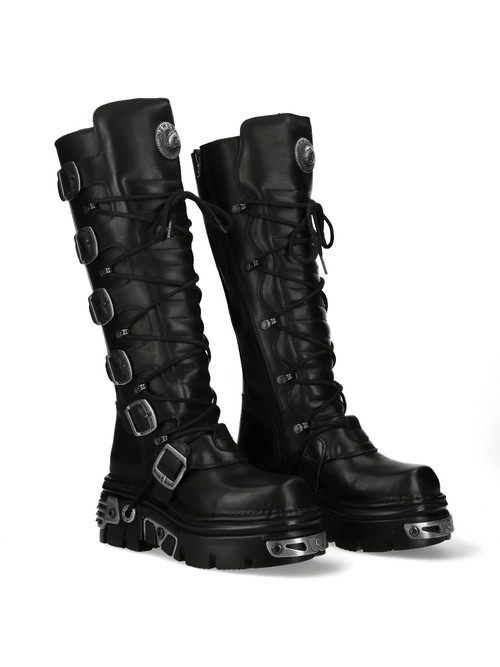 NEW ROCK Women's Gothic Style Black Leather Boots with Metal Logo