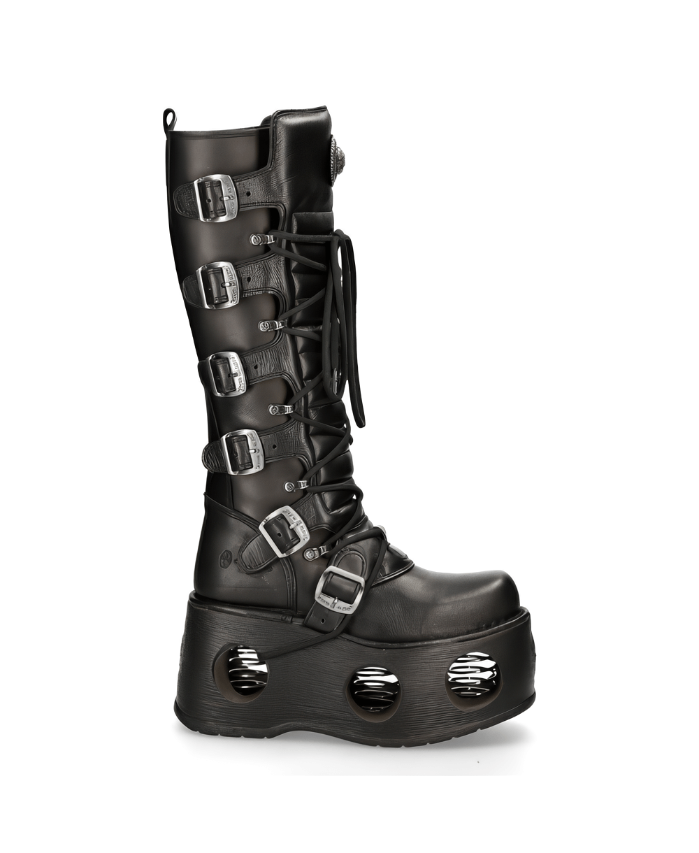 NEW ROCK Men's Gothic High Platform Boots with Buckles, black leather punk style, lace-up design, and unique platform holes.