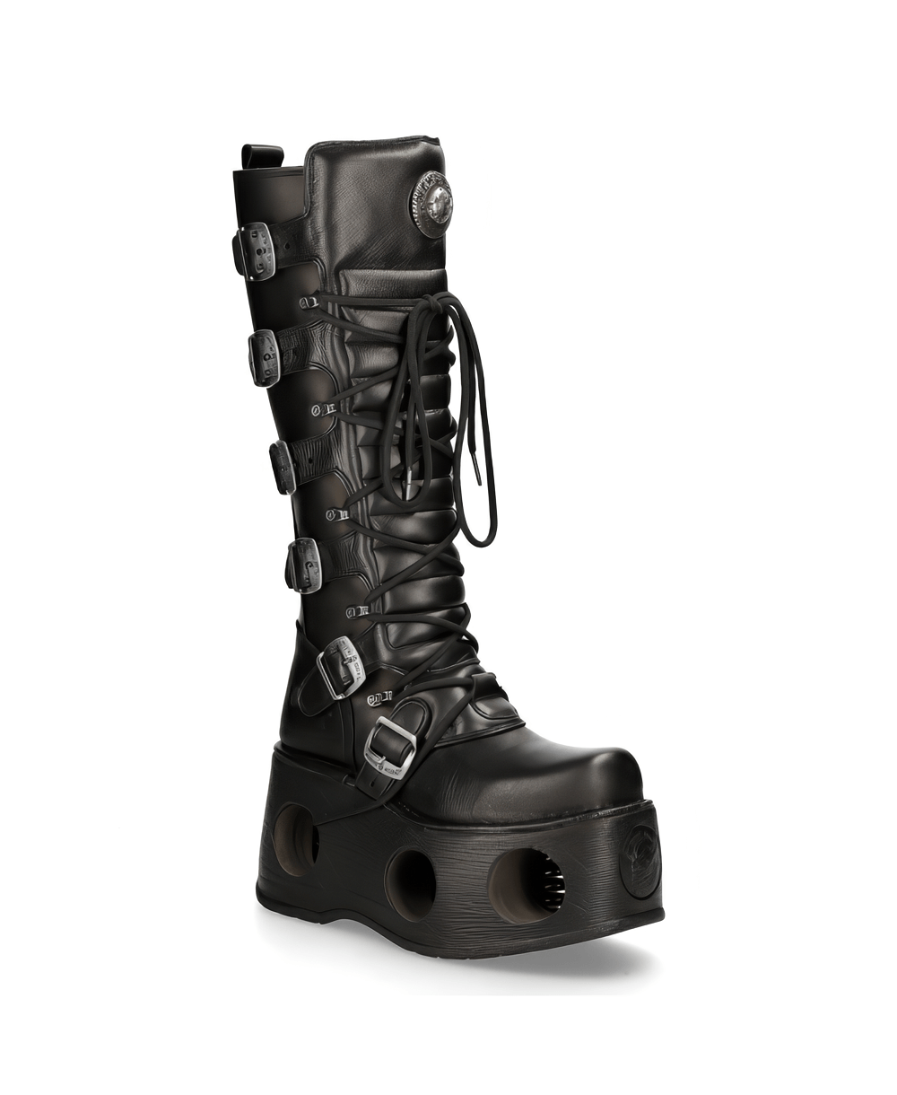 NEW ROCK Men's Gothic high platform boots with buckles, featuring lace-up design and distinctive holes.