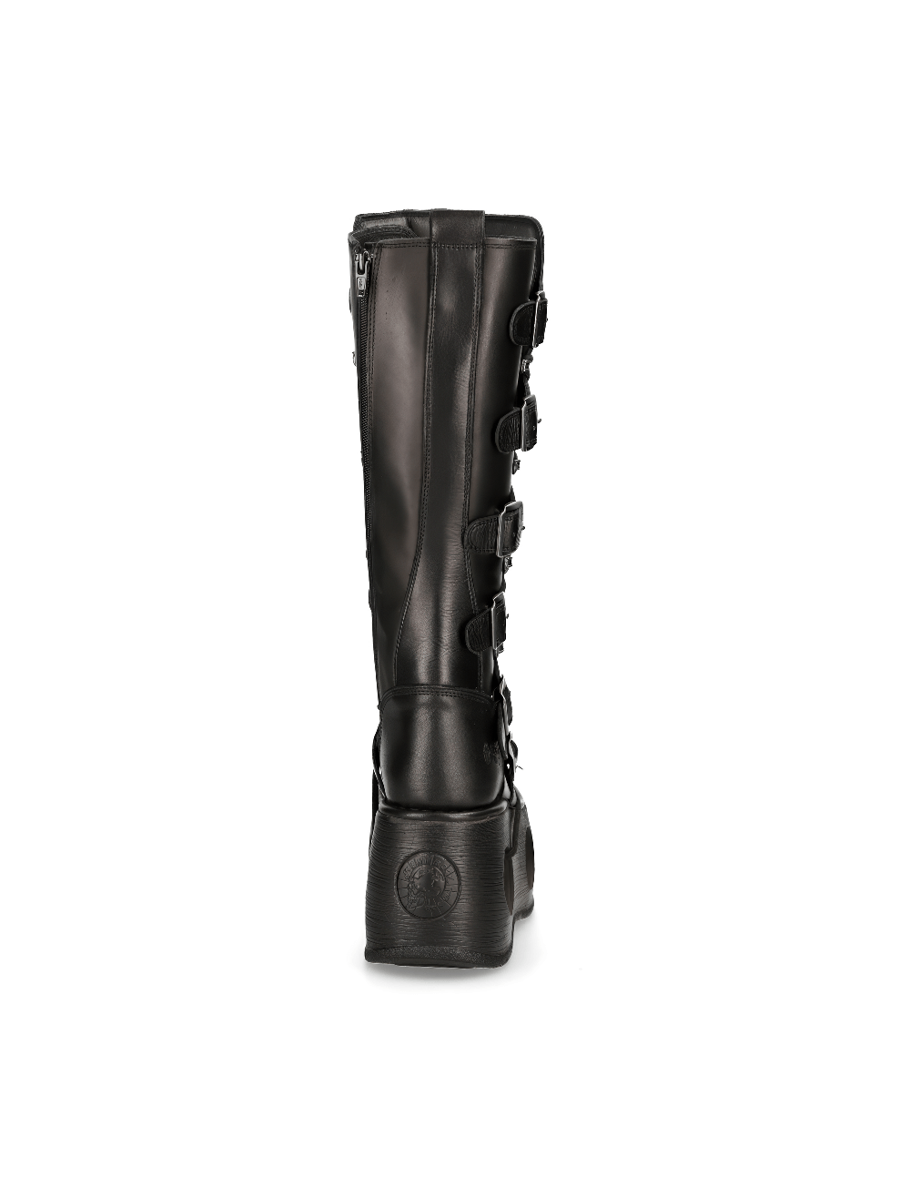Back view of NEW ROCK Men's Gothic high platform boots with buckles, featuring a sleek black leather finish.