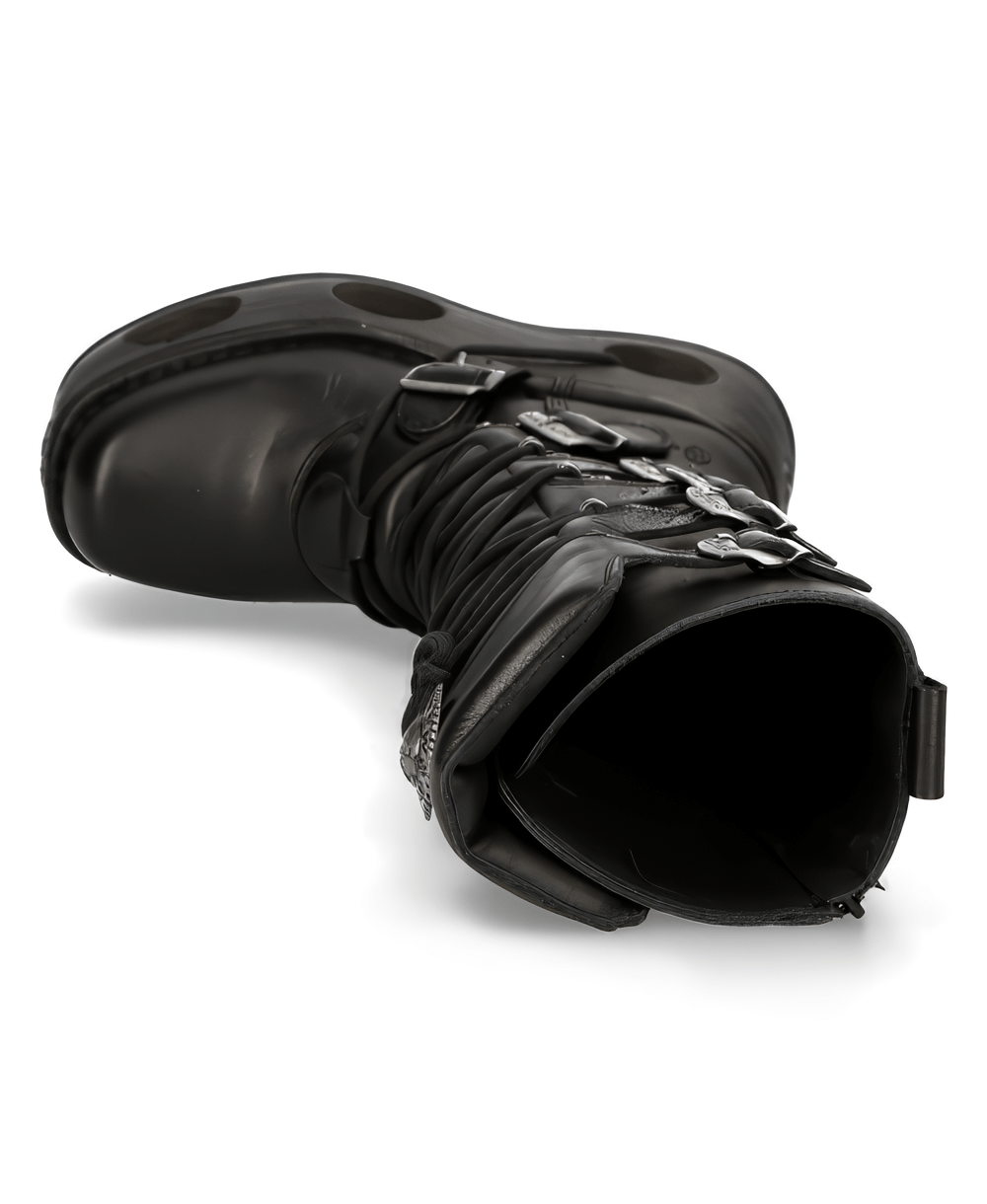 Men's Gothic high platform boots in black leather with buckles and unique platform holes.