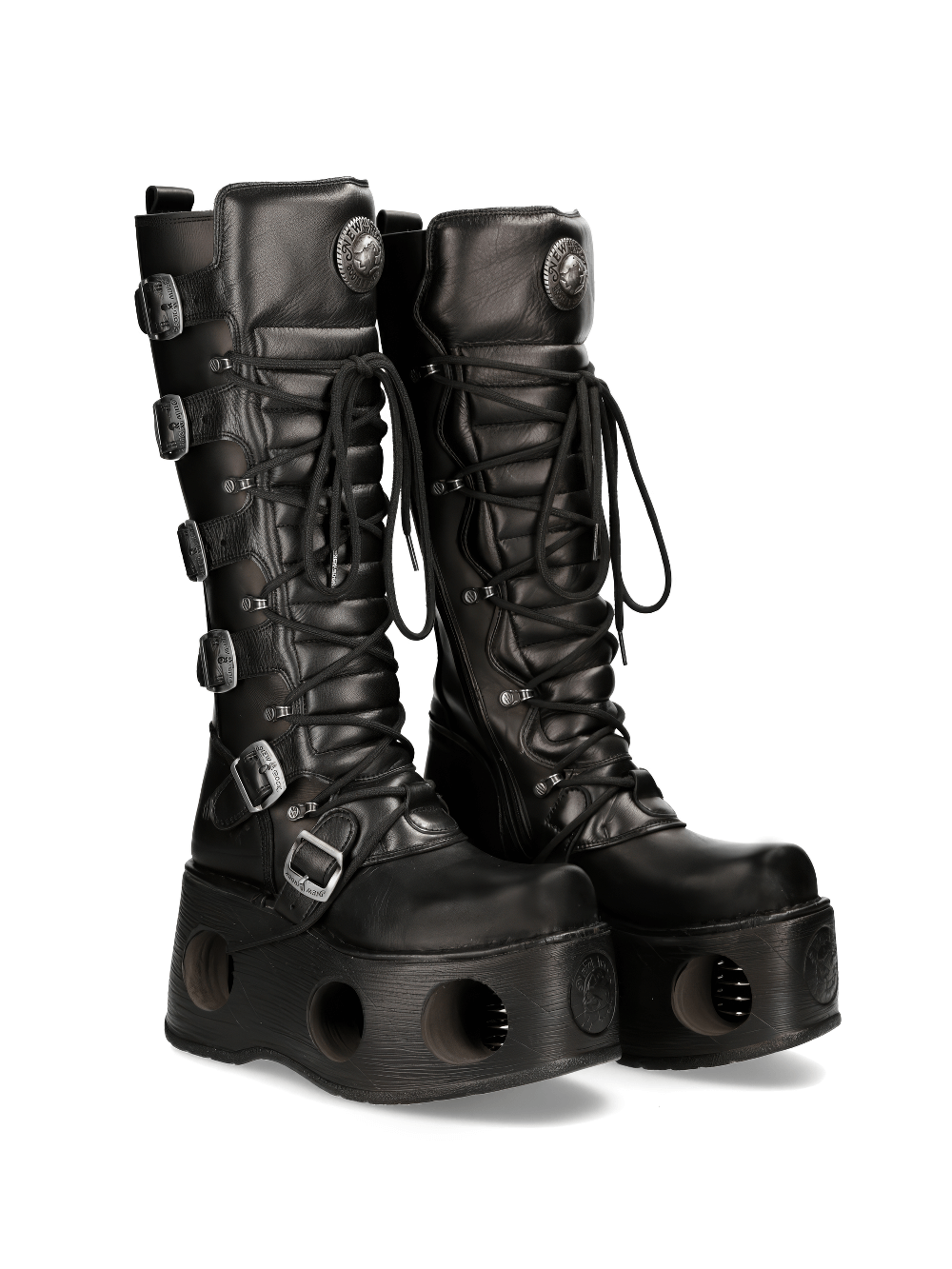 NEW ROCK Men's Gothic Style High Platform Boots with Buckles, featuring black leather, lace-up design, and distinctive platform holes.