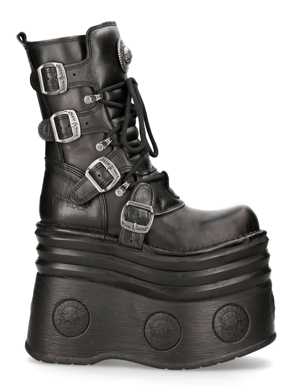 Black Gothic high-platform lace-up boots with buckles and zipper, showcasing cyberpunk style and a 15 cm sole.