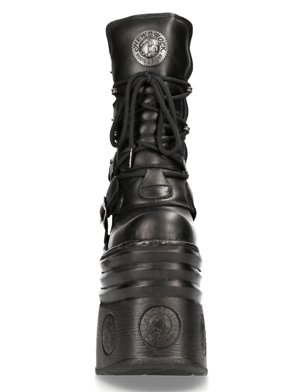 NEW ROCK Gothic High-Platform Lace-Up Boots in black with buckles, zipper, and 15 cm cyberpunk platform style.